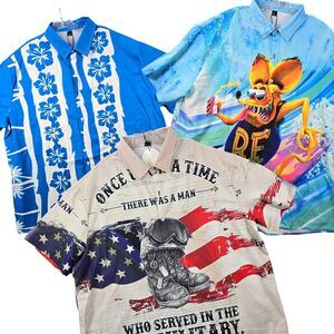 Summer Everest Lot of 3 Men's Hawaiian Shirts Rat fink Surf USA Flag Size 3XL